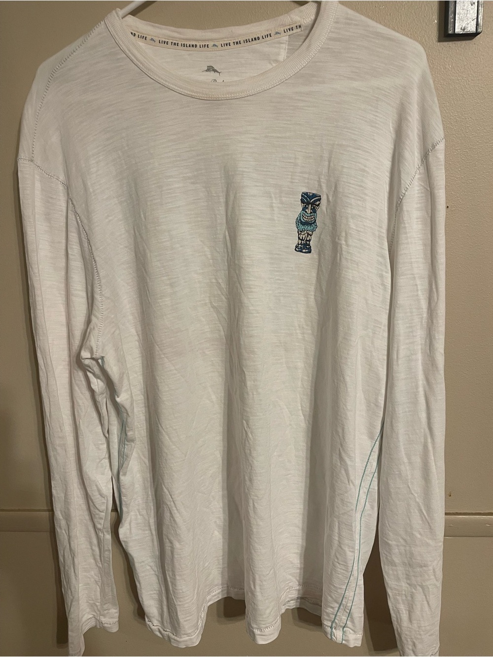 Men's White Long-Sleeve Tommy Bahamas T-Shirt with Blue Embroidered Tiki Logo
